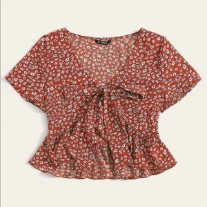 Ditsy Floral Print Tie Front Ruffle Hem Top